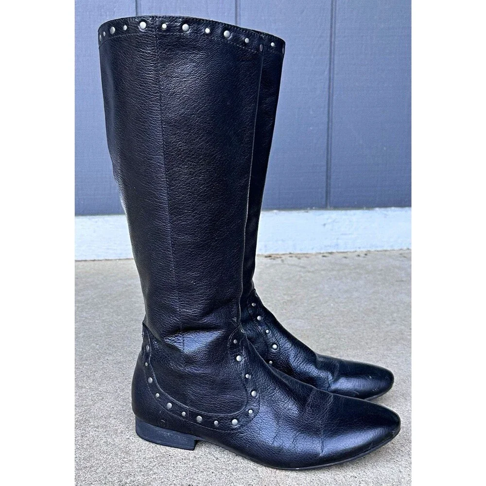 Born Women's Black Leather Tall Riding Boots Studded Trim Side Zip US 10